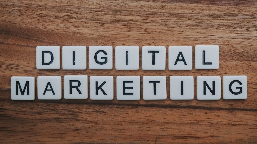 Digital marketing spelled with white letter squares